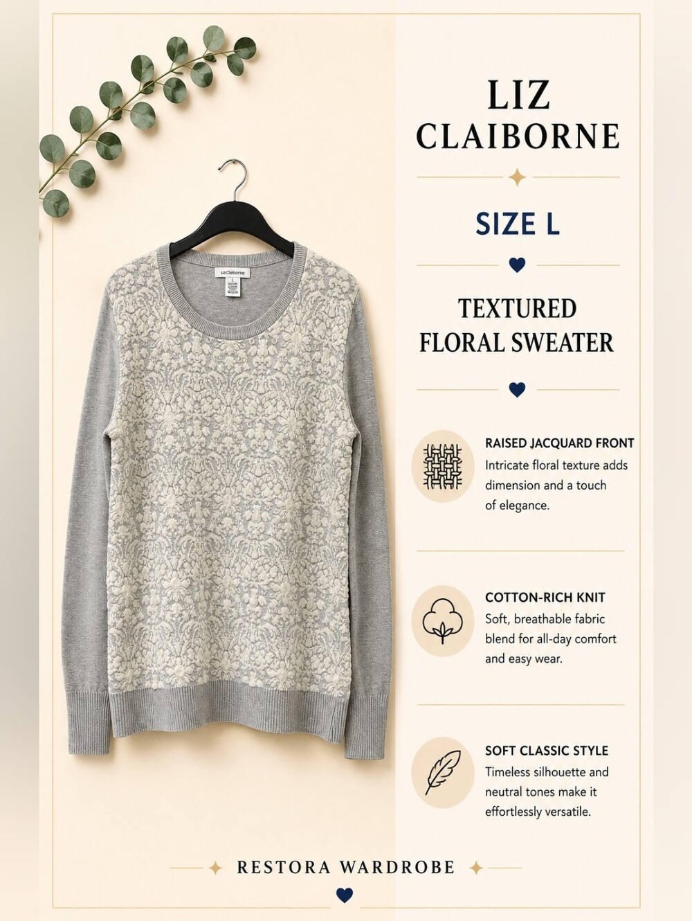 Liz Claiborne Gray Textured Floral Jacquard Sweater Soft Classic L